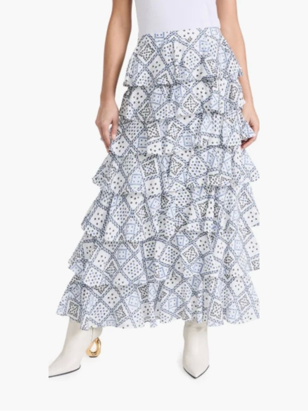 NWT Alix Of Bohemia White and Navy TASHA BLUE JAMDANI Ruffle Skirt